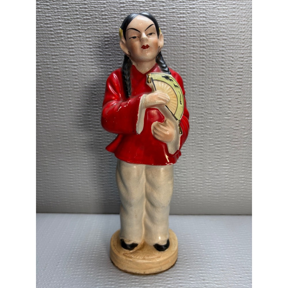 Vintage Made in Occupied Japan Ceramic Figurine Woman with Fan Red White 9.5"